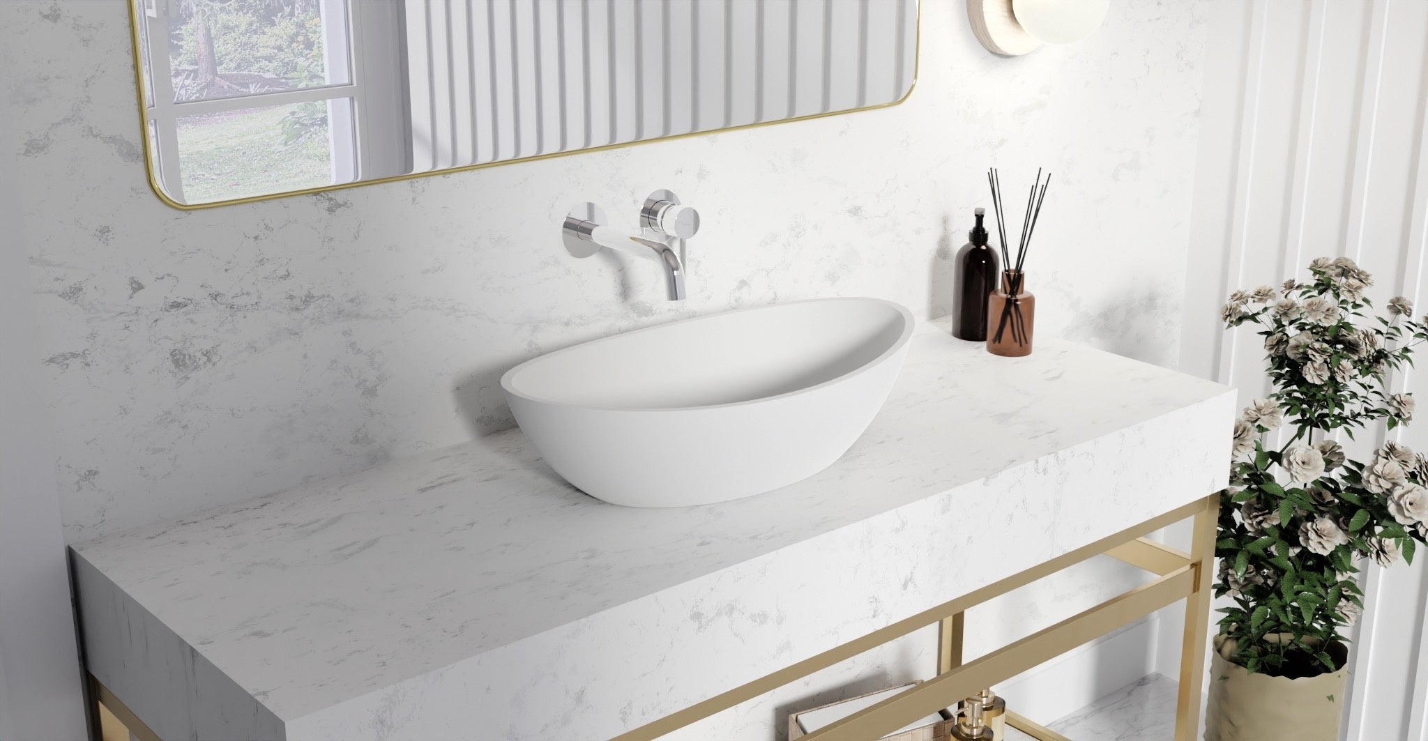 Badeloft WAT-02 brushed steel sink faucet, lifestyle view 2, etched handle cap