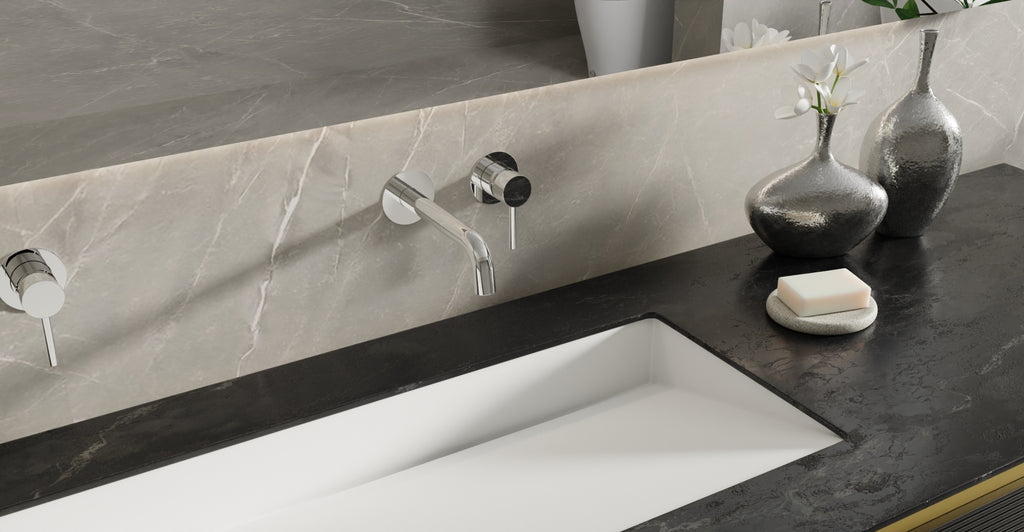 Badeloft WAT-02 brushed steel sink faucet, lifestyle view, etched handle cap