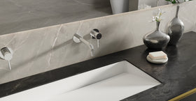 Badeloft WAT-02 brushed steel sink faucet, lifestyle view, etched handle cap