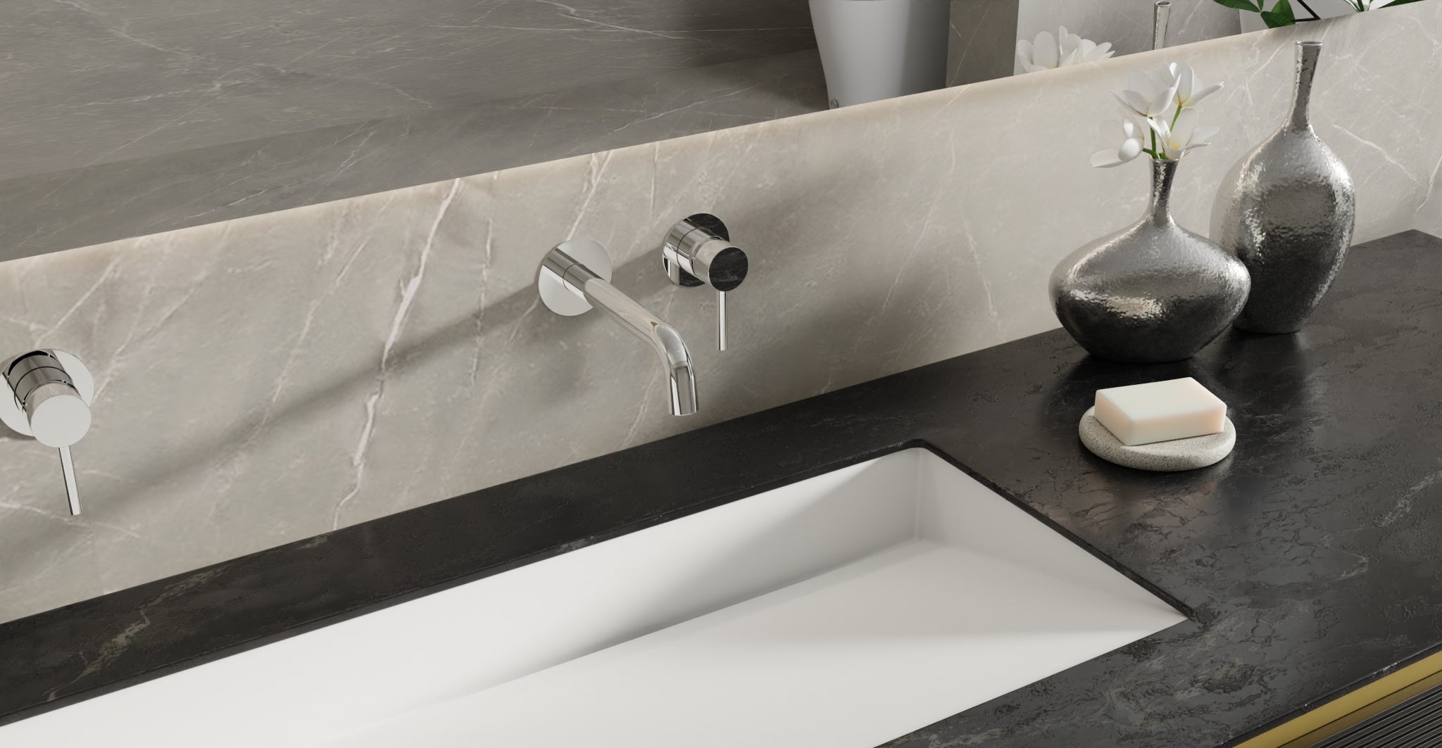 Badeloft WAT-02 brushed steel sink faucet, lifestyle view, etched handle cap