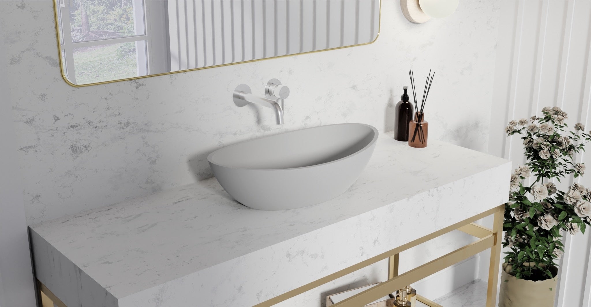 Badeloft WAT-02 polished chrome sink faucet, lifestyle view 2, etched handle cap