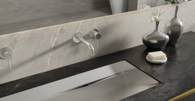 Badeloft WAT-02 polished chrome sink faucet, lifestyle view, etched handle cap