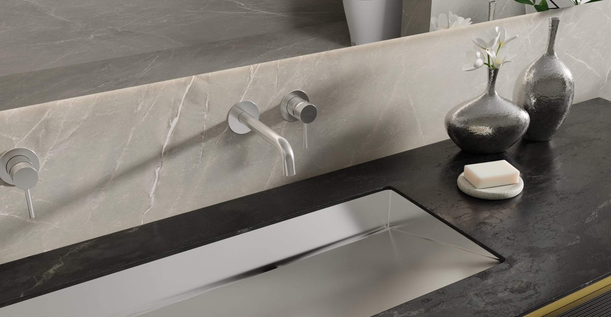 Badeloft WAT-02 polished chrome sink faucet, lifestyle view, etched handle cap