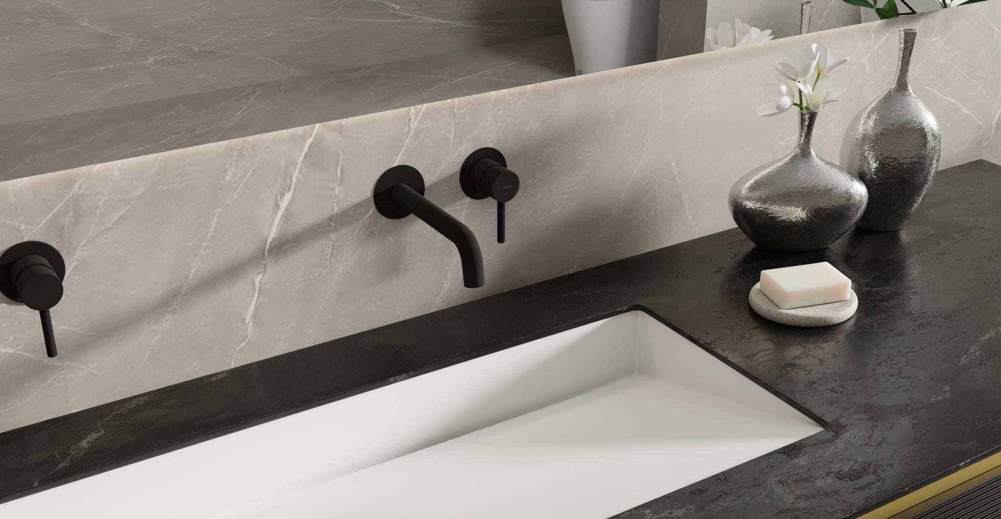 Badeloft WAT-02 matte black sink faucet, lifestyle view, etched handle cap