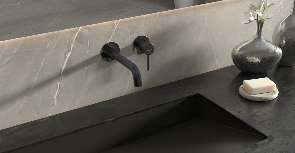 Badeloft WAT-02 matte black sink faucet, lifestyle close view, etched handle cap