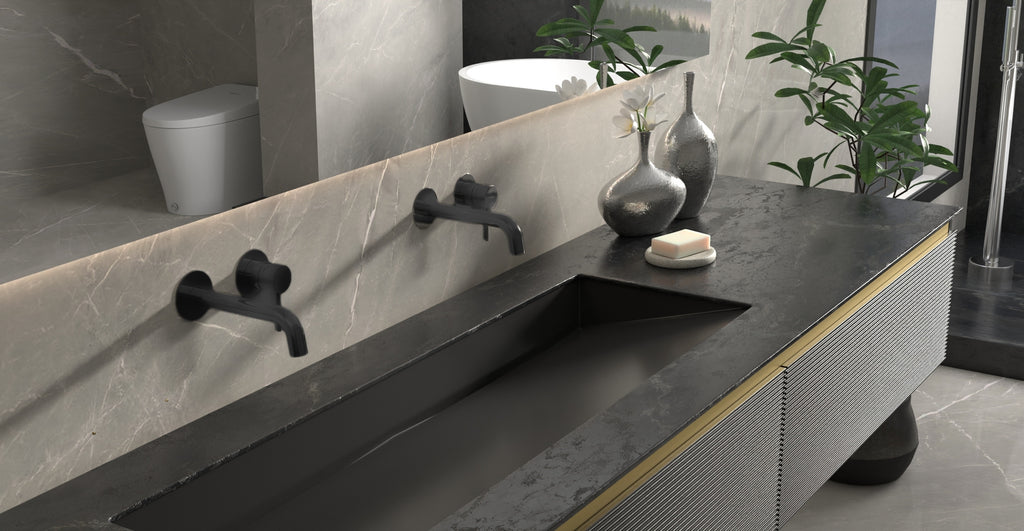 Badeloft WAT-02 matte black sink faucet, lifestyle side view, etched handle cap