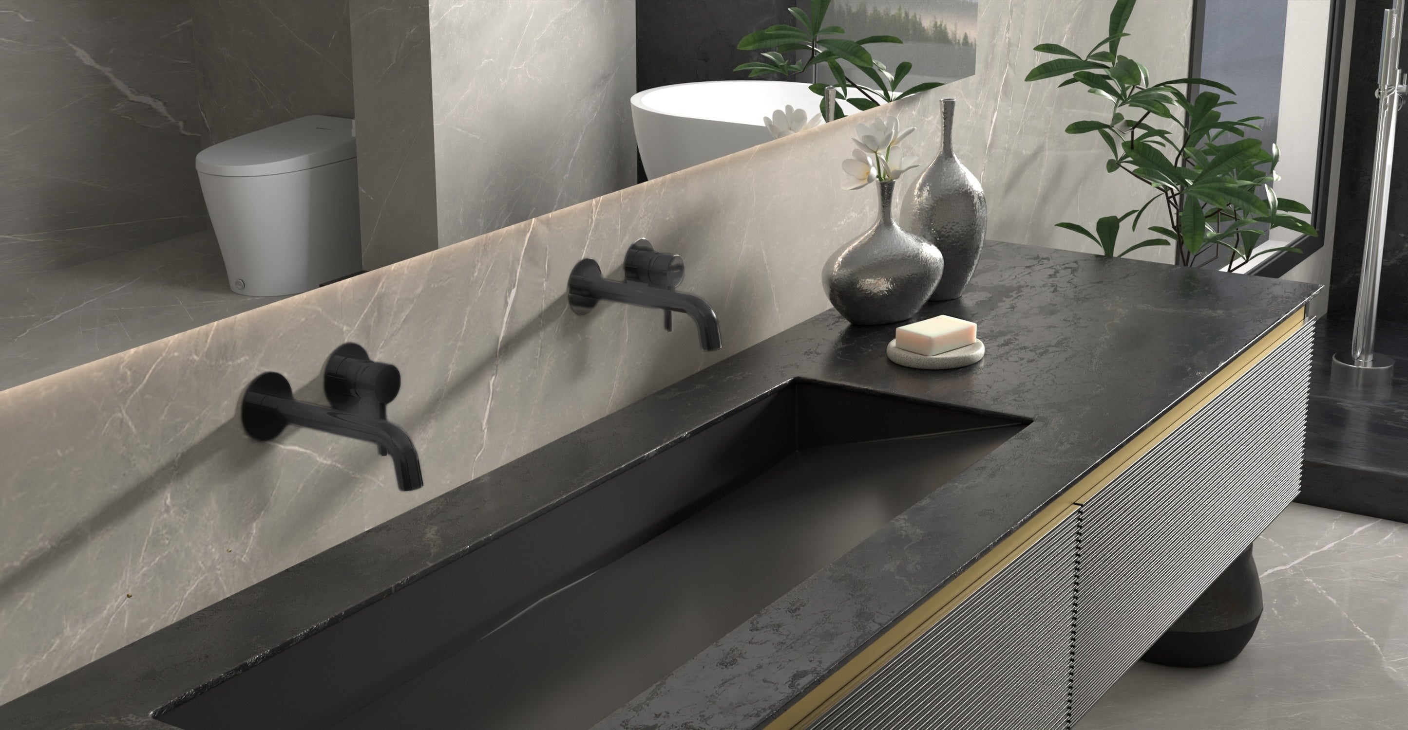 Badeloft WAT-02 matte black sink faucet, lifestyle side view, etched handle cap