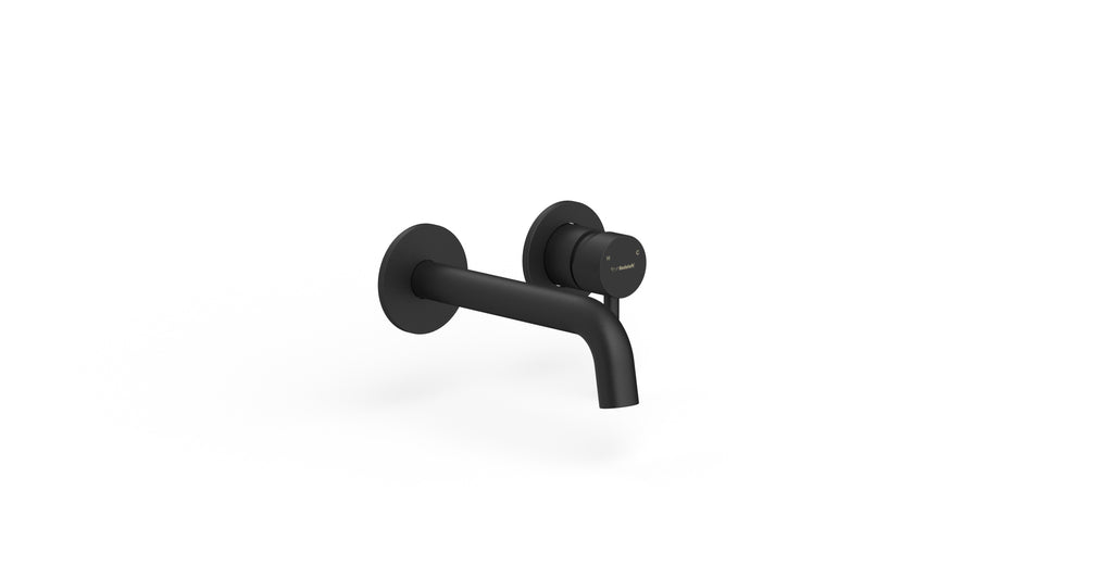 Badeloft WAT-02 matte black sink faucet, angled view, etched handle cap