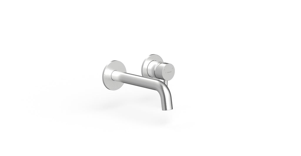 Badeloft WAT-02 brushed steel sink faucet, angled view, etched handle cap