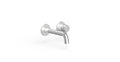Badeloft WAT-02 brushed steel sink faucet, angled view, etched handle cap