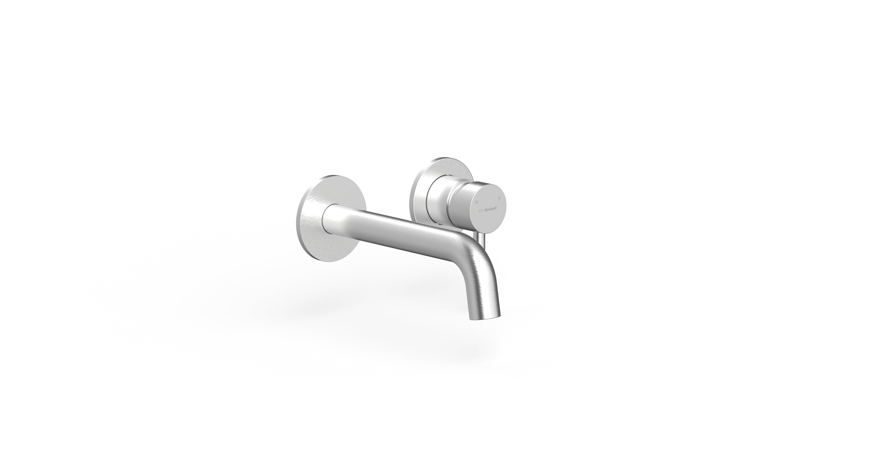 Badeloft WAT-02 brushed steel sink faucet, angled view, etched handle cap