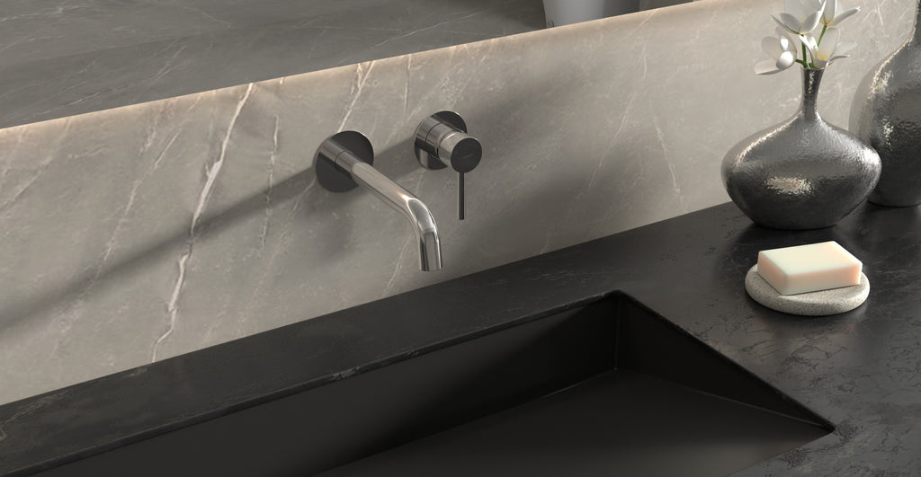 Badeloft WAT-02 polished chrome sink faucet, lifestyle close view, etched handle cap