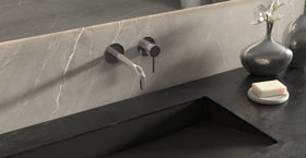 Badeloft WAT-02 polished chrome sink faucet, lifestyle close view, etched handle cap