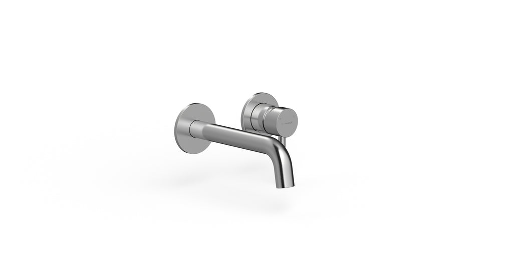 Badeloft WAT-02 polished chrome sink faucet, angled view, etched handle cap