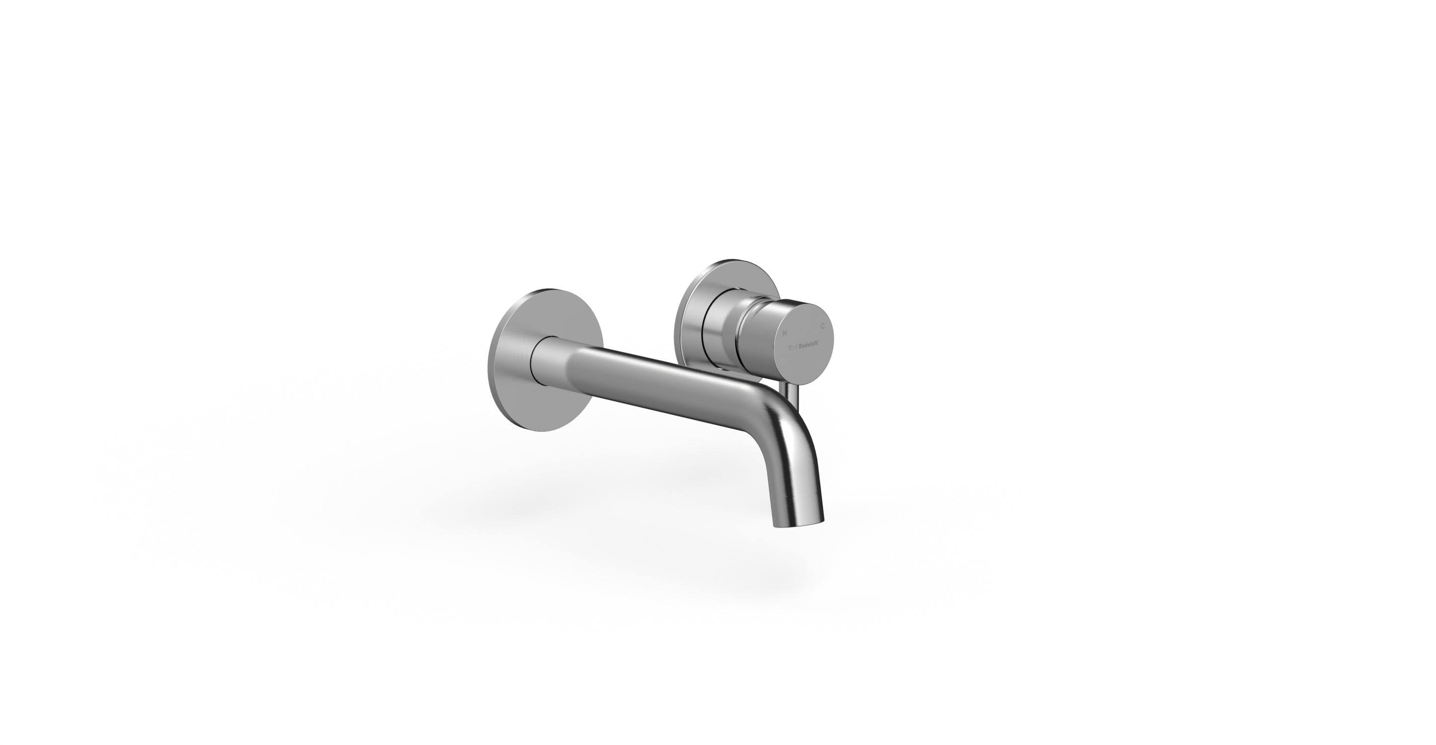 Badeloft WAT-02 polished chrome sink faucet, angled view, etched handle cap