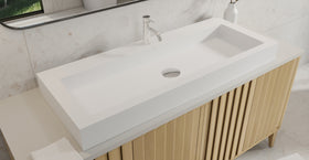 Badeloft WB-05-XXL white stone resin countertop sink on natural oak vanity cabinet with silver wall-mounted faucet