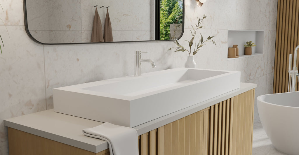 Badeloft WB-05-XXL white stone resin countertop sink on natural oak vanity cabinet with silve faucet, white freestanding bathtub in modern bathroom