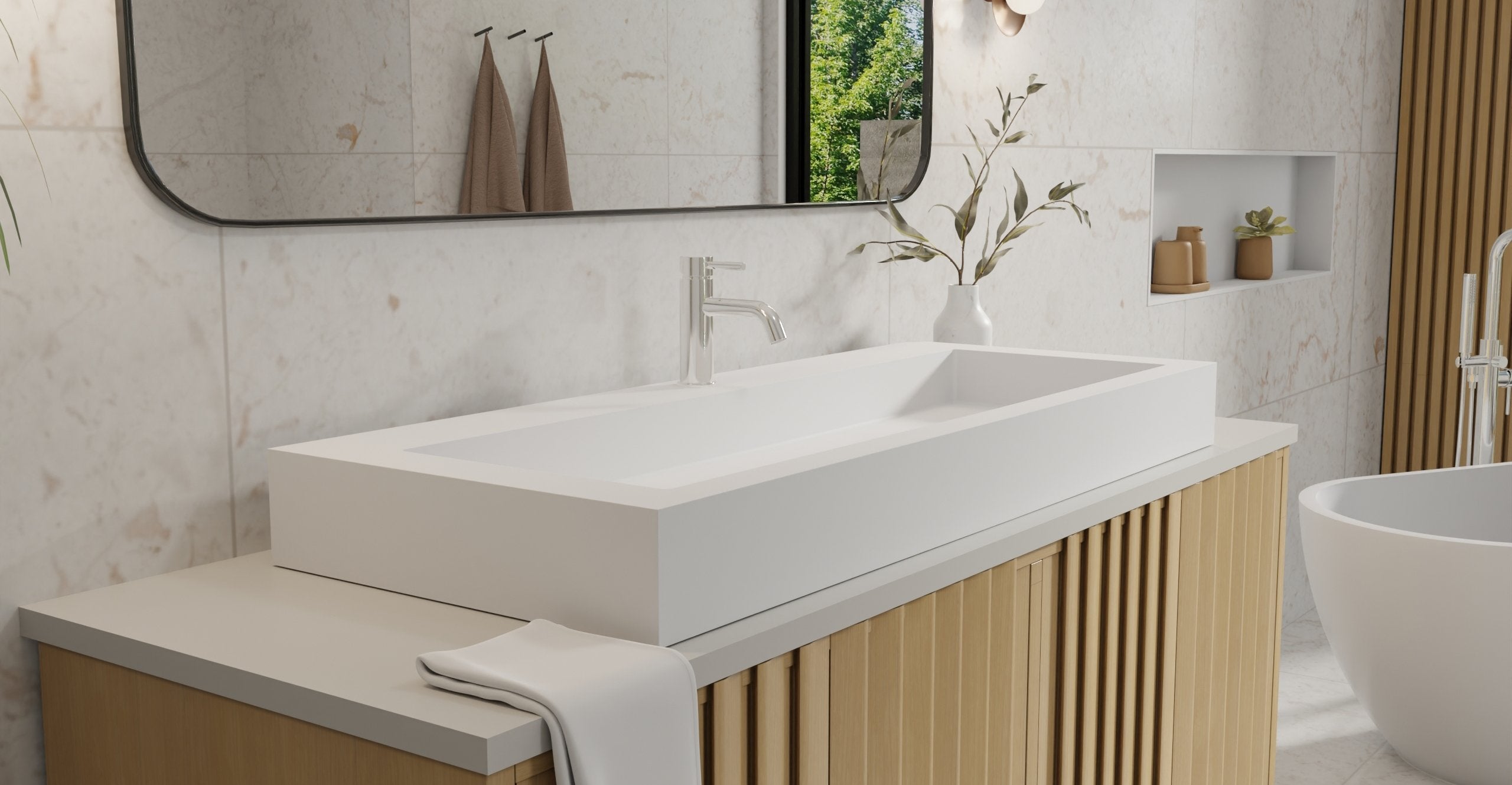 Badeloft WB-05-XXL white stone resin countertop sink on natural oak vanity cabinet with silve faucet, white freestanding bathtub in modern bathroom