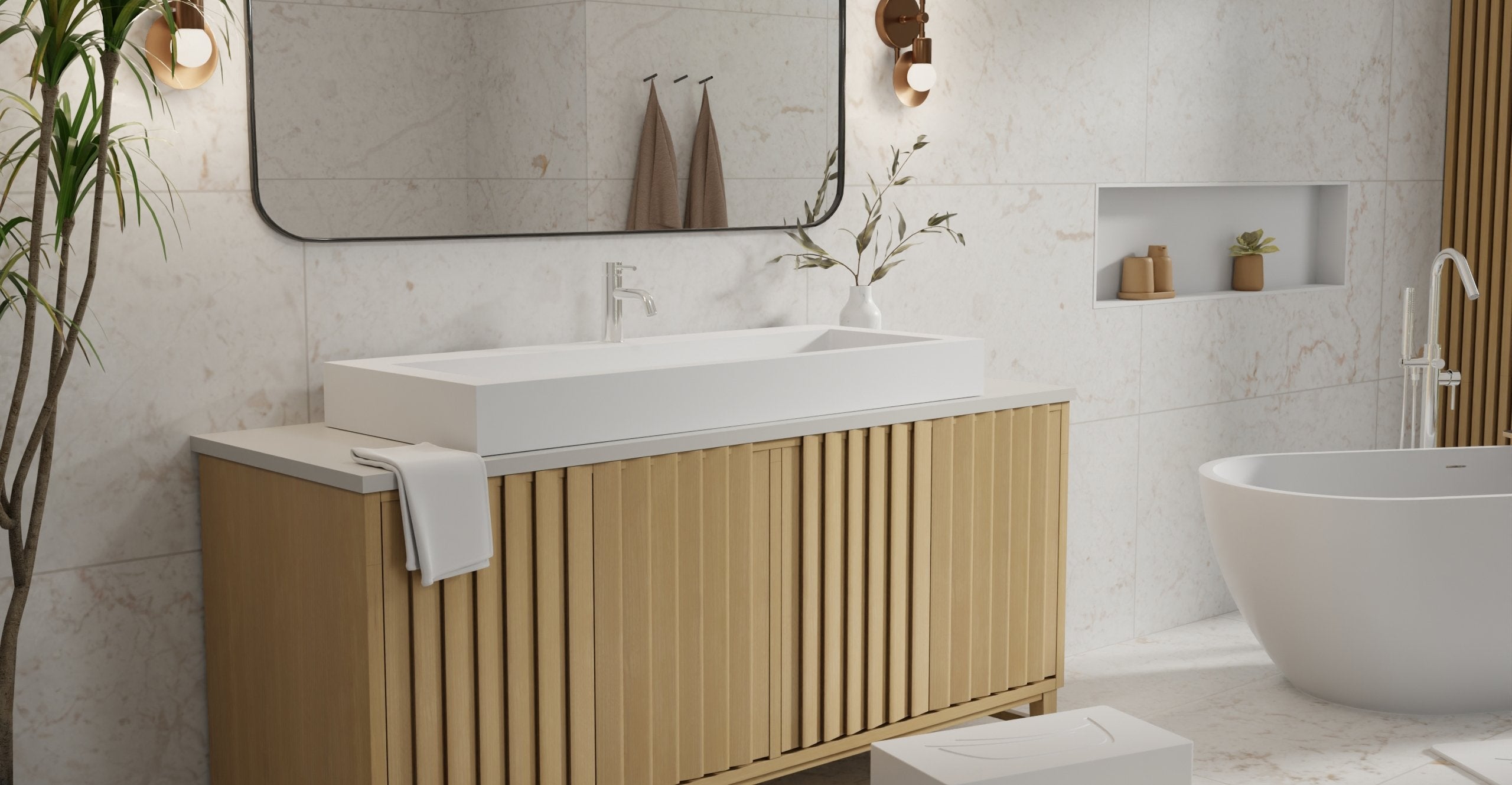 Badeloft WB-05-XXL white stone resin countertop sink on natural oak vanity cabinet with gold wall-mounted faucet, white freestanding bathtub in modern bathroom