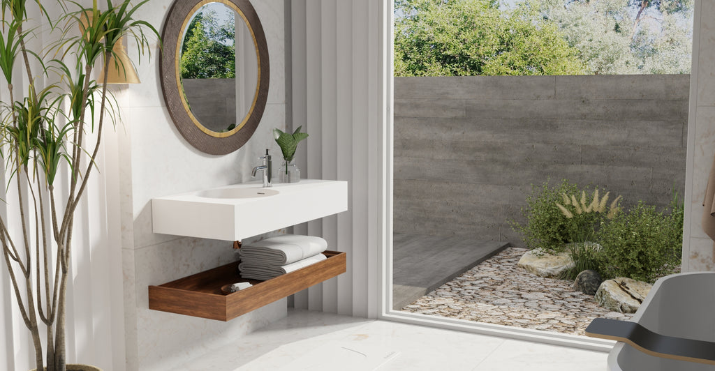 Badeloft WT-02-A glossy white wall mounted sink, lifestyle view 1