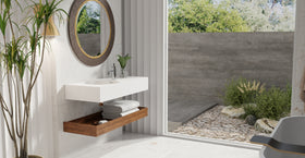 Badeloft WT-02-A glossy white wall mounted sink, lifestyle view 1