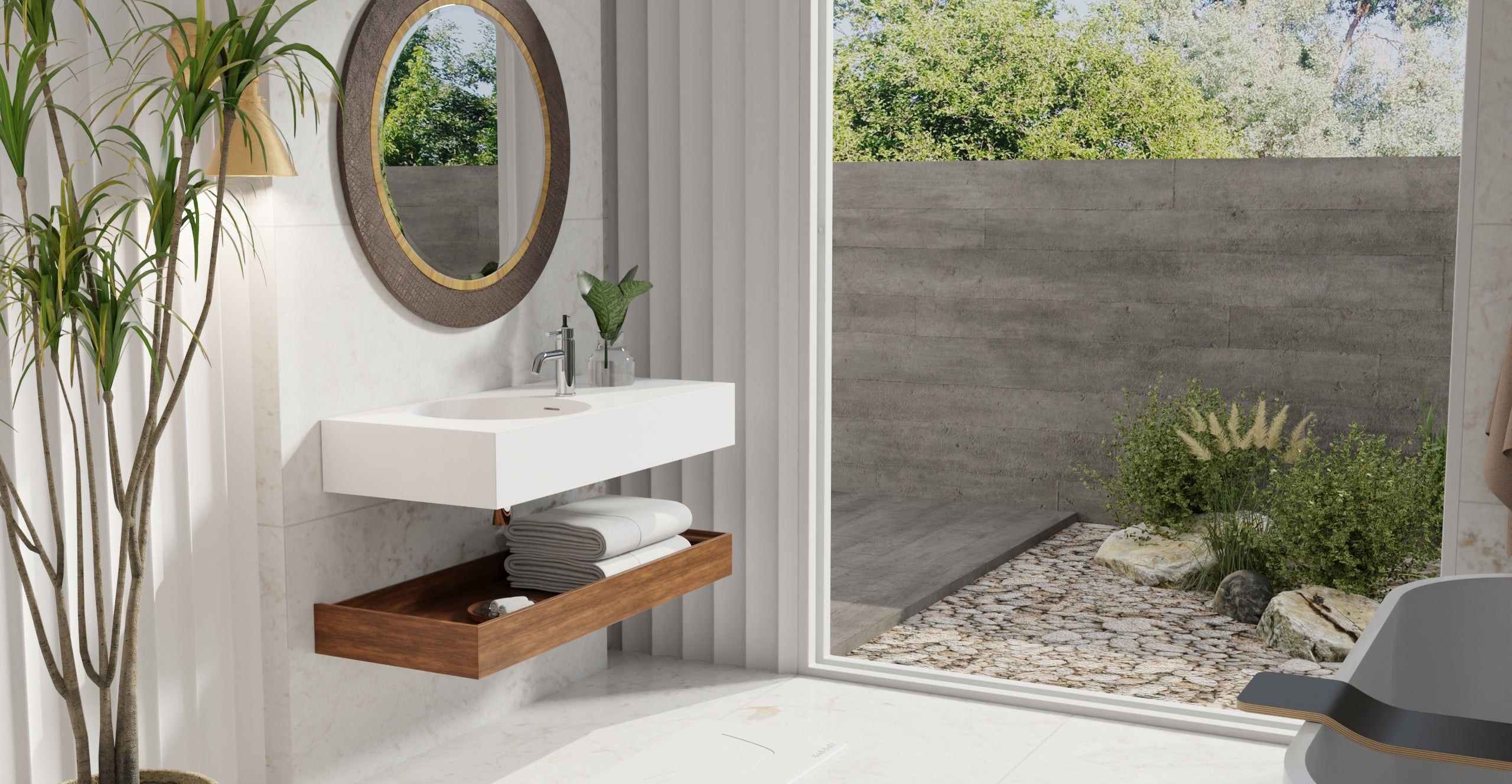 Badeloft WT-02-A glossy white wall mounted sink, lifestyle view 1