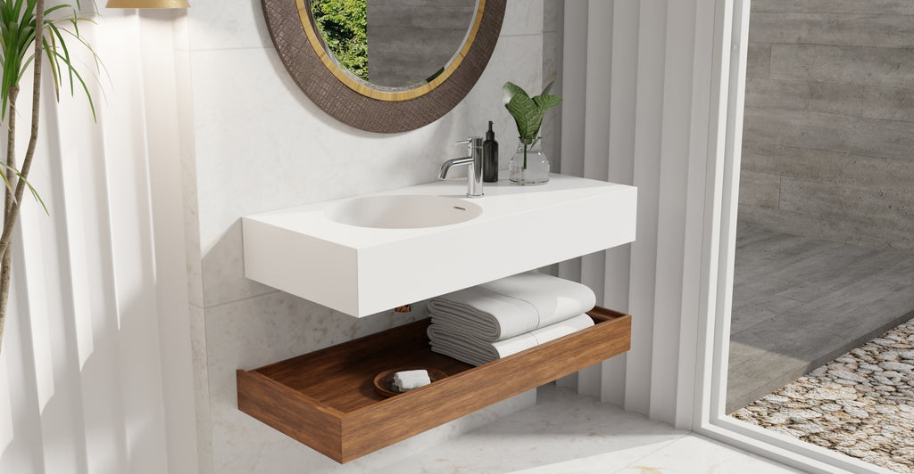 Badeloft WT-02-A glossy white wall mounted sink, lifestyle view 2