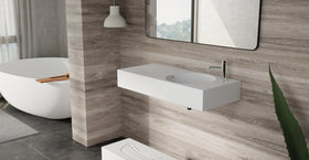 Badeloft WT-02-B glossy white wall mounted sink, lifestyle view 3