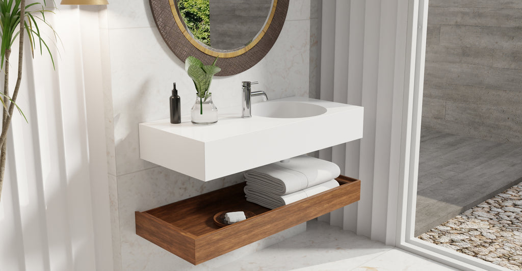 Badeloft WT-02-B glossy white wall mounted sink, lifestyle view 2