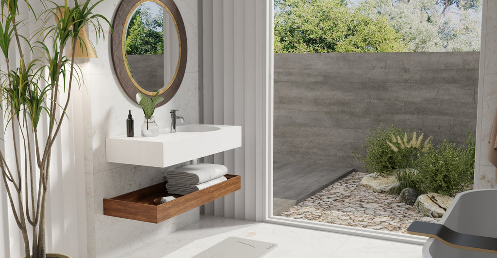 Badeloft WT-02-B glossy white wall mounted sink, lifestyle view 1