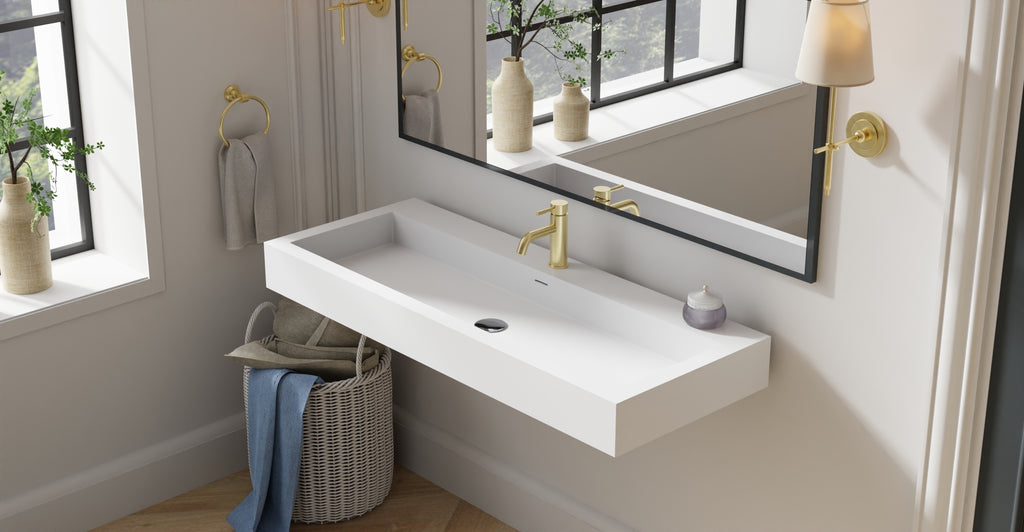 Badeloft WT-06-XXL glossy white wall mounted sink, lifestyle view 3