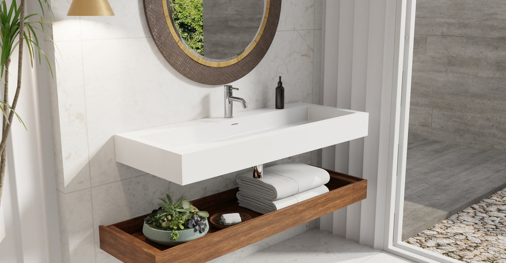 Badeloft WT-06-XXL glossy white wall mounted sink, lifestyle view 2