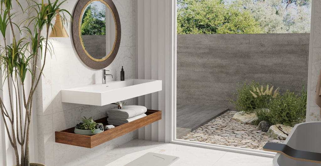 Badeloft WT-06-XXL glossy white wall mounted sink, lifestyle view 1