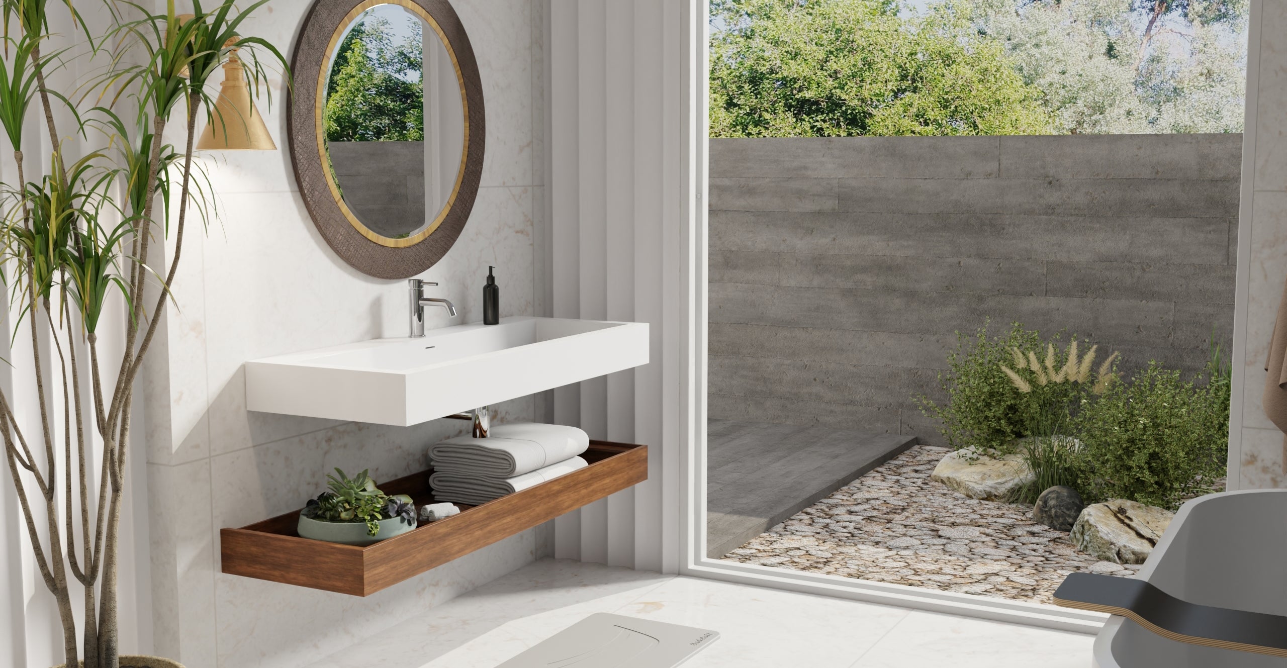 Badeloft WT-06-XXL glossy white wall mounted sink, lifestyle view 1