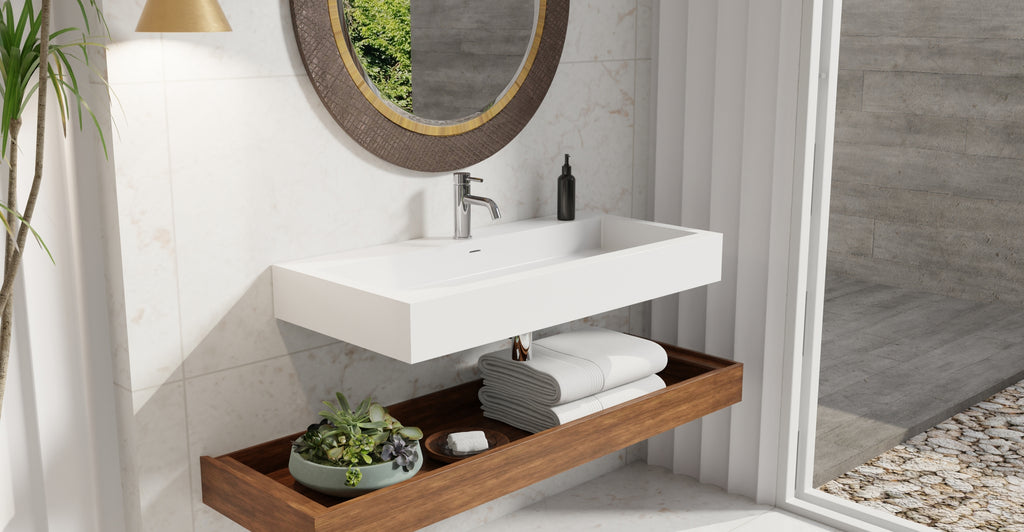 Badeloft WT-06-XL glossy white wall mounted sink, lifestyle view 2