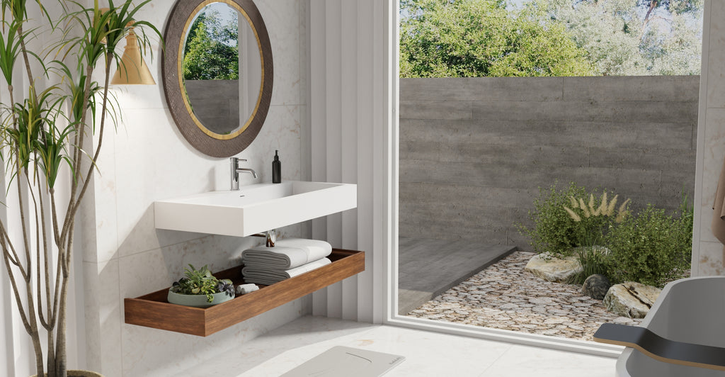 Badeloft WT-06-XL glossy white wall mounted sink, lifestyle view 1