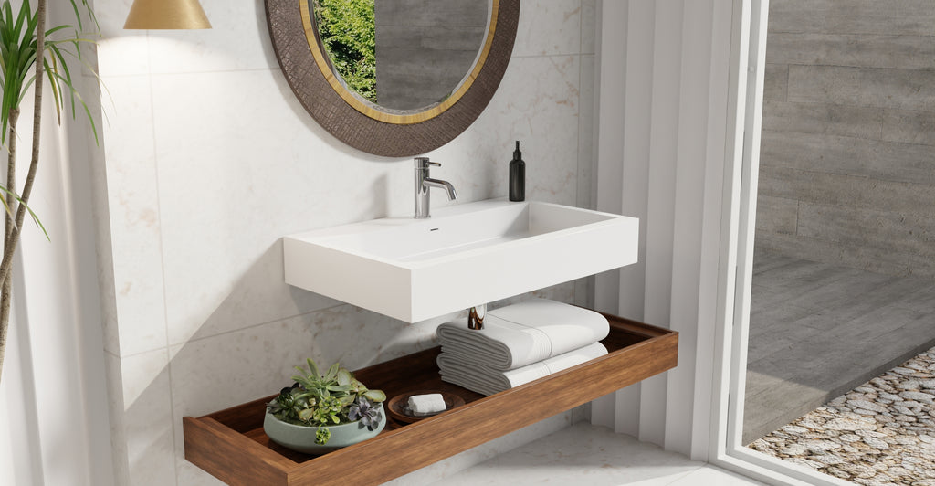 Badeloft WT-06-L glossy white wall mounted sink, lifestyle view 2