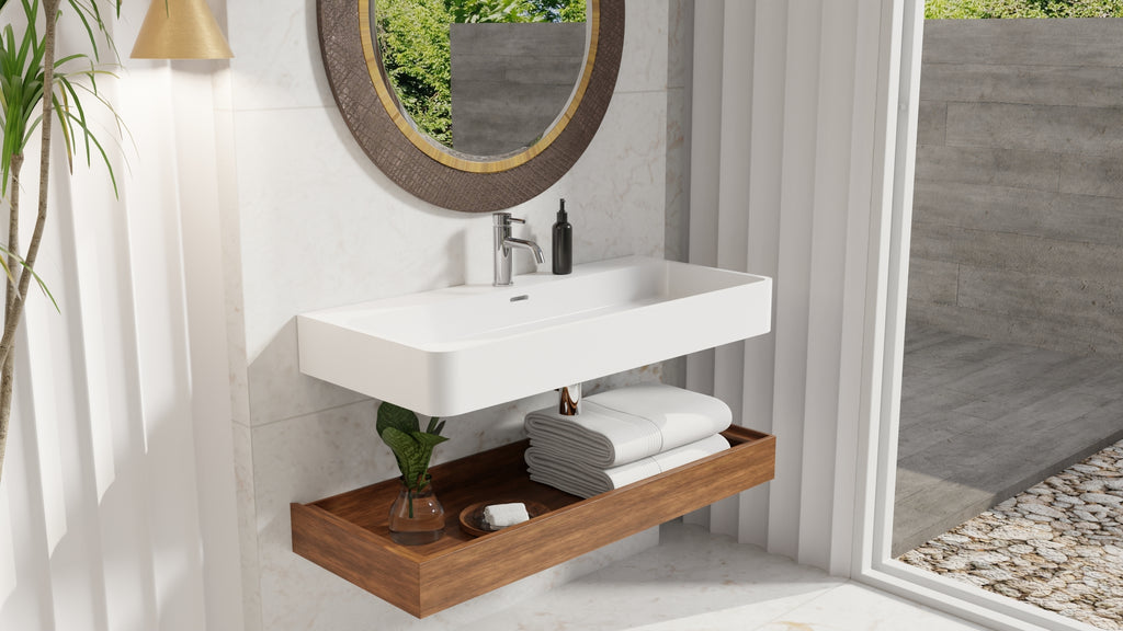 Badeloft WT-01-XL glossy white wall mounted sink, lifestyle view 3