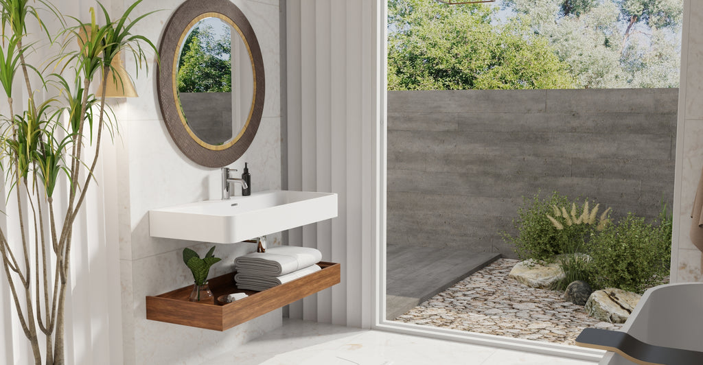 Badeloft WT-01-XL glossy white wall mounted sink, lifestyle view 2
