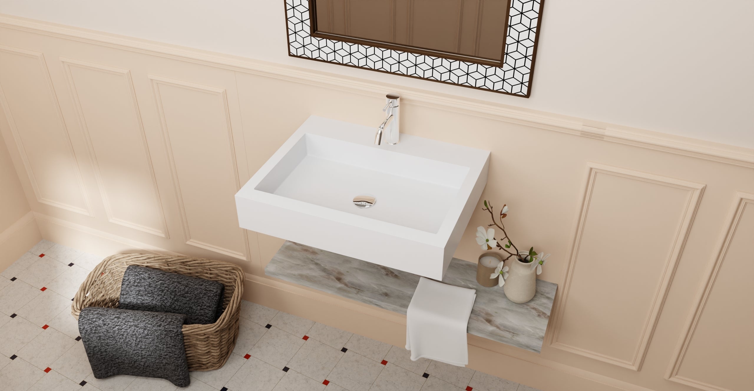 Badeloft WT-06-M glossy white wall mounted sink, lifestyle view 3