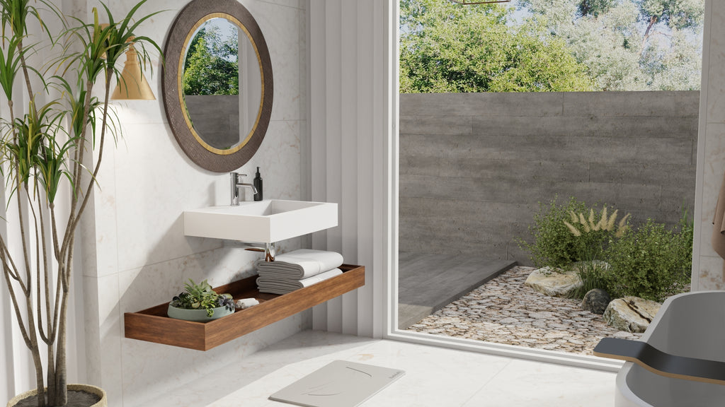 Badeloft WT-06-M glossy white wall mounted sink, lifestyle view 1