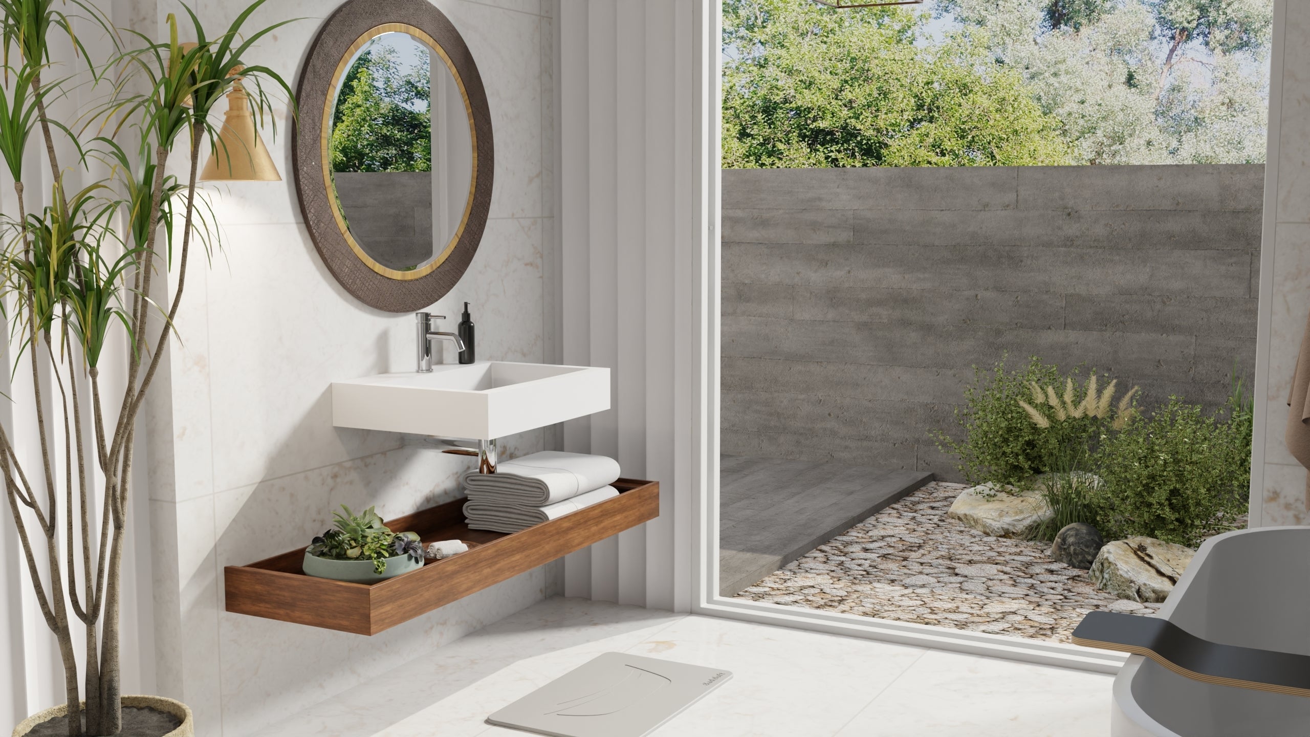 Badeloft WT-06-M glossy white wall mounted sink, lifestyle view 1