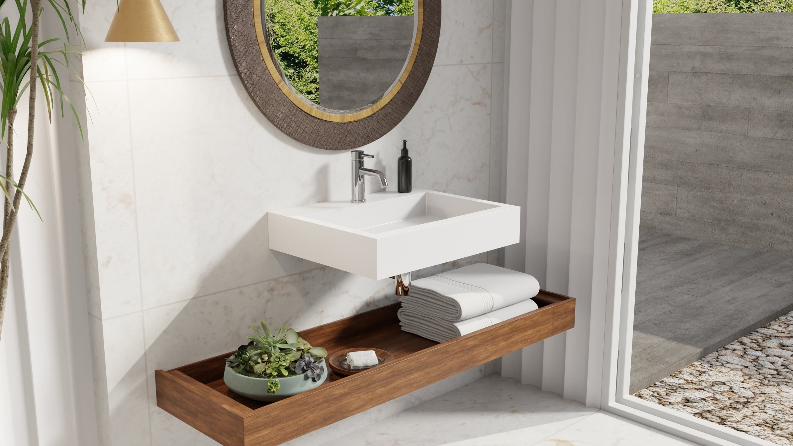 Badeloft WT-06-M glossy white wall mounted sink, lifestyle view 2