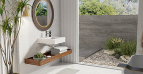 Badeloft WT-06-S glossy white wall mounted sink, lifestyle view 1