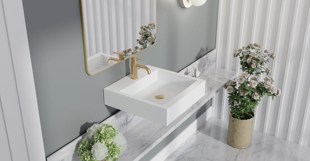 Badeloft WT-06-S glossy white wall mounted sink, lifestyle view 3