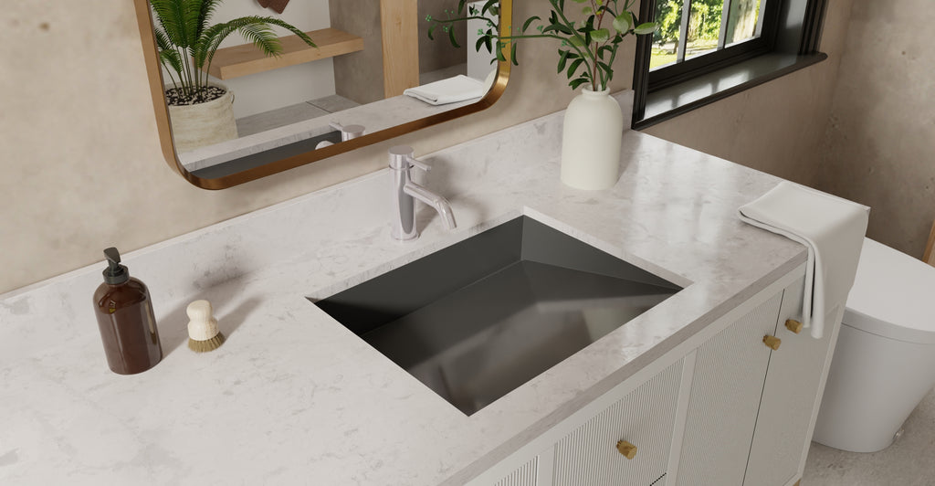 Badeloft UB-04-M-BLK glossy black undermount ramp sink, lifestyle view 3