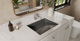 Badeloft UB-04-M-BLK glossy black undermount ramp sink, lifestyle view 3