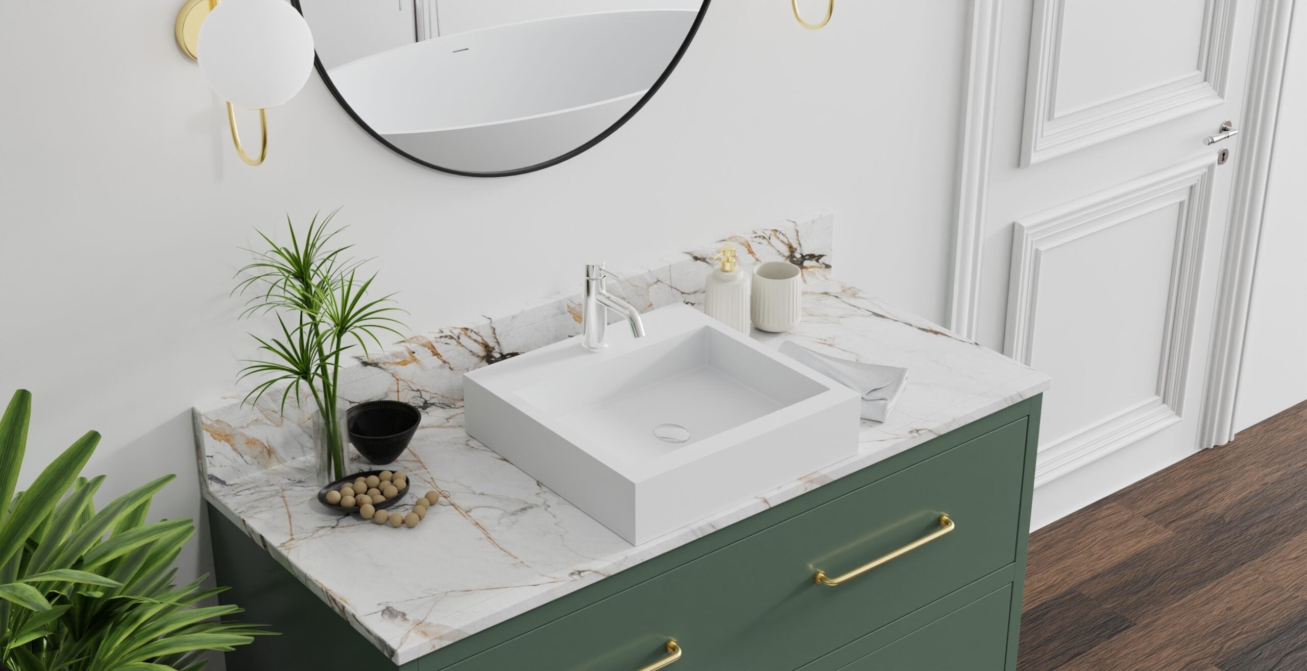 Badeloft WB-05-S glossy white countertop sink, lifestyle view 2