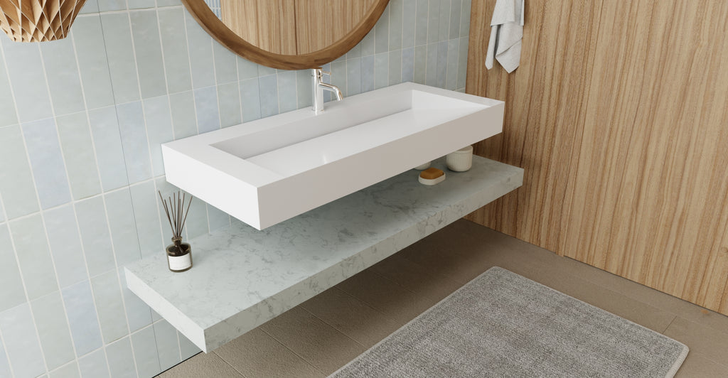Badeloft WT-04-C glossy white wall mounted sink, lifestyle view 3