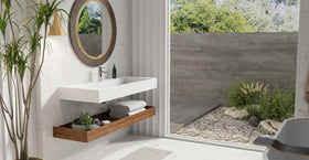 Badeloft WT-04-C glossy white wall mounted sink, lifestyle view 1